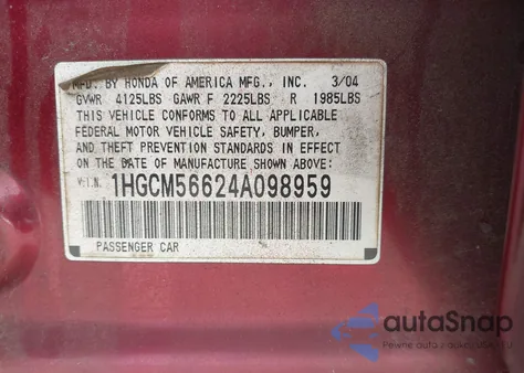 2004 Honda Accord 2.4 Ex из США, поврежденный, VIN 1HGCM56624A098959